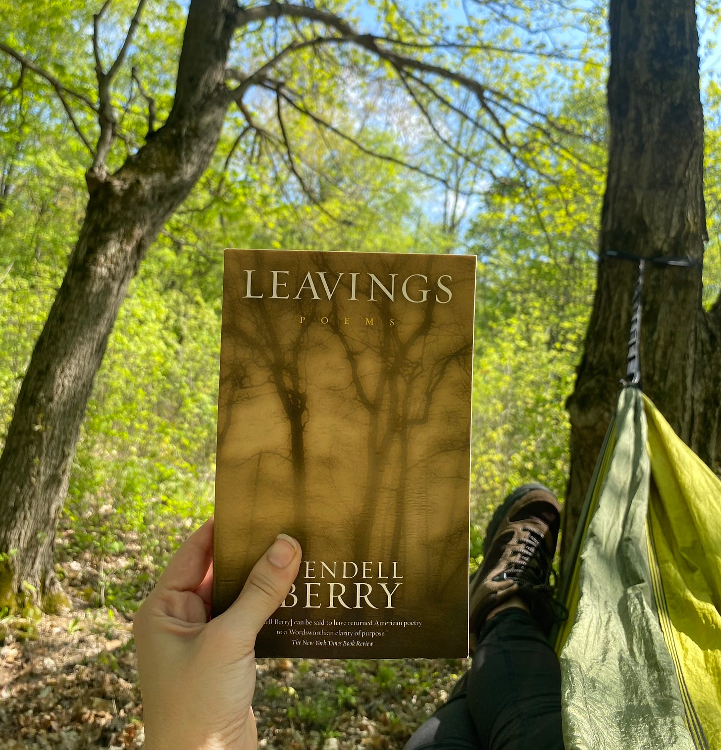 A hand holds out a copy of Leavings by Wendell Berry with its brown cover. This person is in a green hammock with bright green trees behind the book. Their hiking boots can be seen hanging outside the hammock.