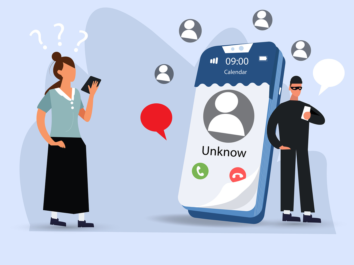 Illustration of a woman receiving a spam phone call. A man dressed in a burglar's mask leans on a smartphone.