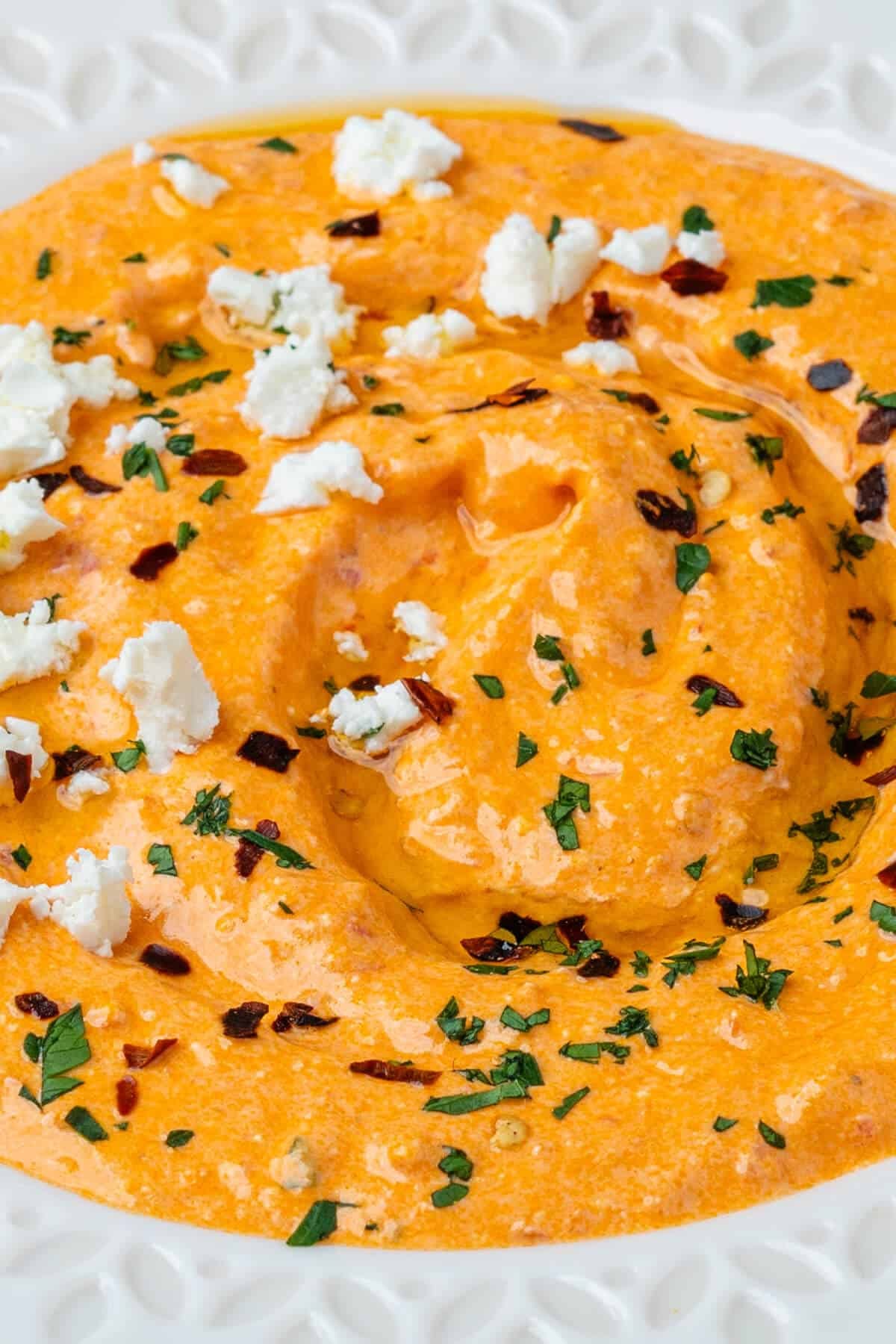 Close up of Tirokafteri Greek Spicy Feta Dip