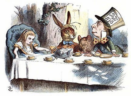 Illustration of Alice, the March hare, the Dormouse, and the Hatter sitting at a tea party by John Tenniel