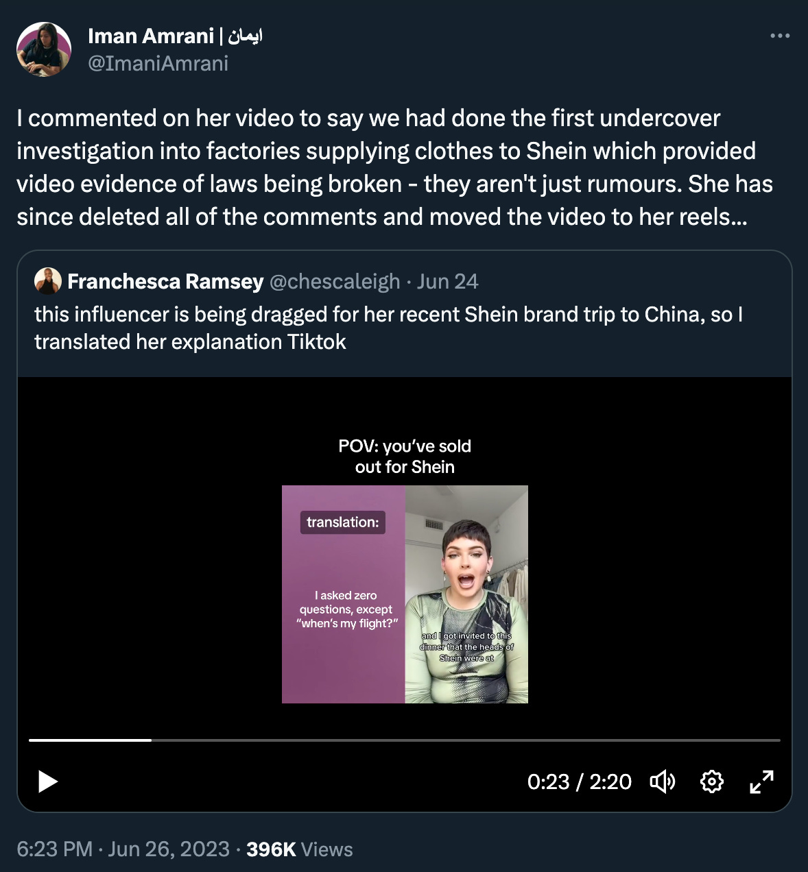 Iman Amrani tweeted: “I commented on her video to say we had done the first undercover investigation into factories supplying clothes to Shein which provided video evidence of laws being broken - they aren't just rumours. She has since deleted all of the comments and moved the video to her reels...” in a QT of a Tiktok “translating” one of Carbonari’s posts.