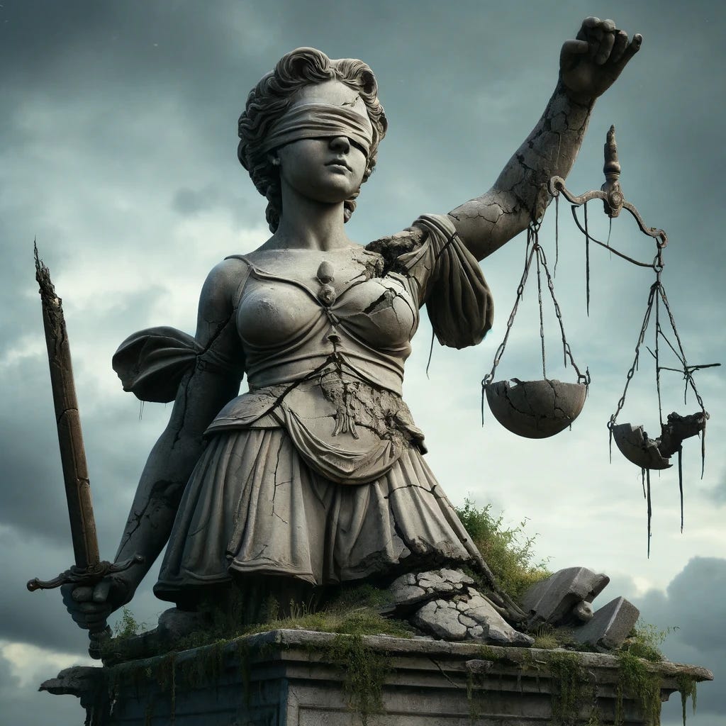 A statue titled 'Lady Justice Broken,' depicting a traditional Lady Justice figure but with significant damage. The statue is made of weathered stone, showing cracks and missing pieces. The blindfold is torn, the scales of justice are unbalanced with one side broken off, and the sword is shattered. The statue is standing on a crumbled pedestal with overgrown vines and moss, symbolizing decay and neglect. The background is a cloudy, gloomy sky, enhancing the somber atmosphere.