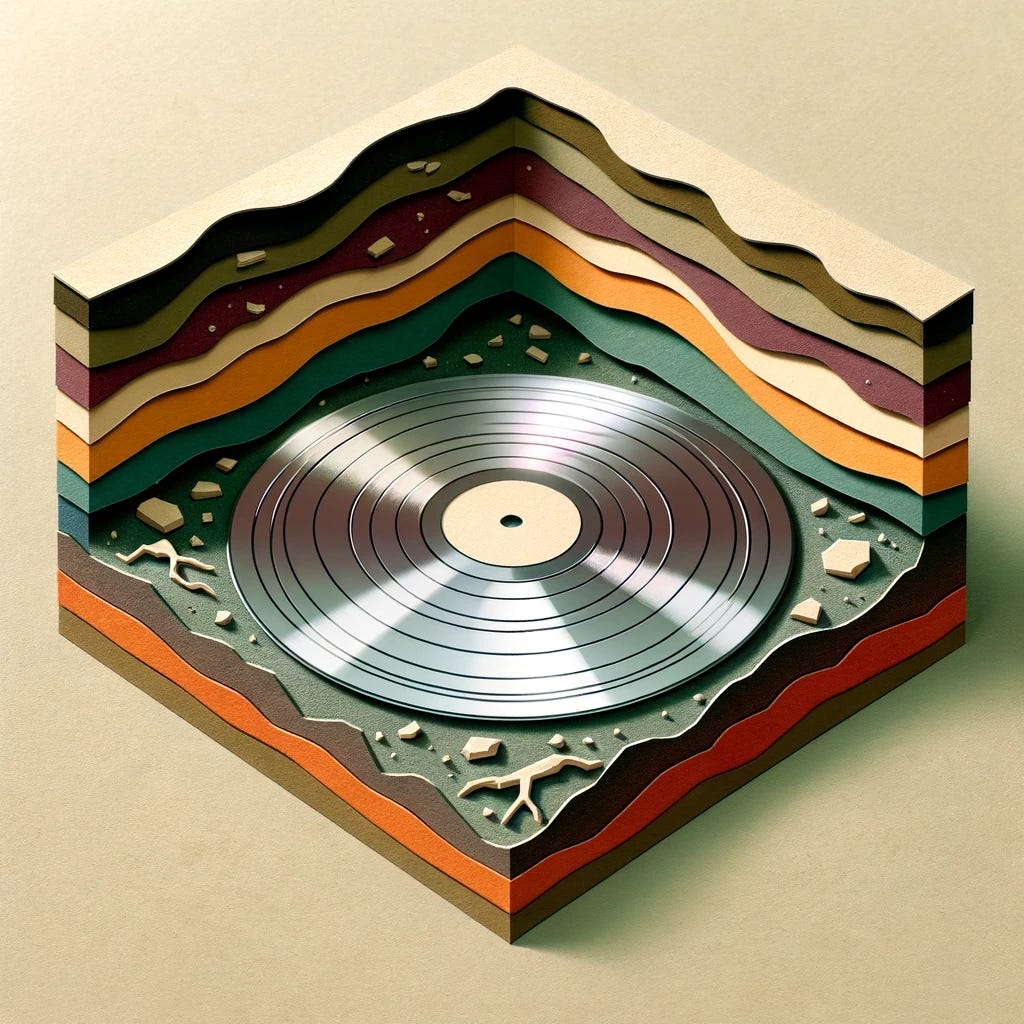 Illustrate a scene in cut paper style where a nickel-plated LP is buried deep underground. The artwork should show layers of earth and soil in cross-section with muted colors, emphasizing the depth at which the LP is placed. The LP should reflect a subtle shine to indicate its nickel plating, and the surrounding earth might contain small artifacts or roots, depicting the LP's long-term storage and the passage of time.