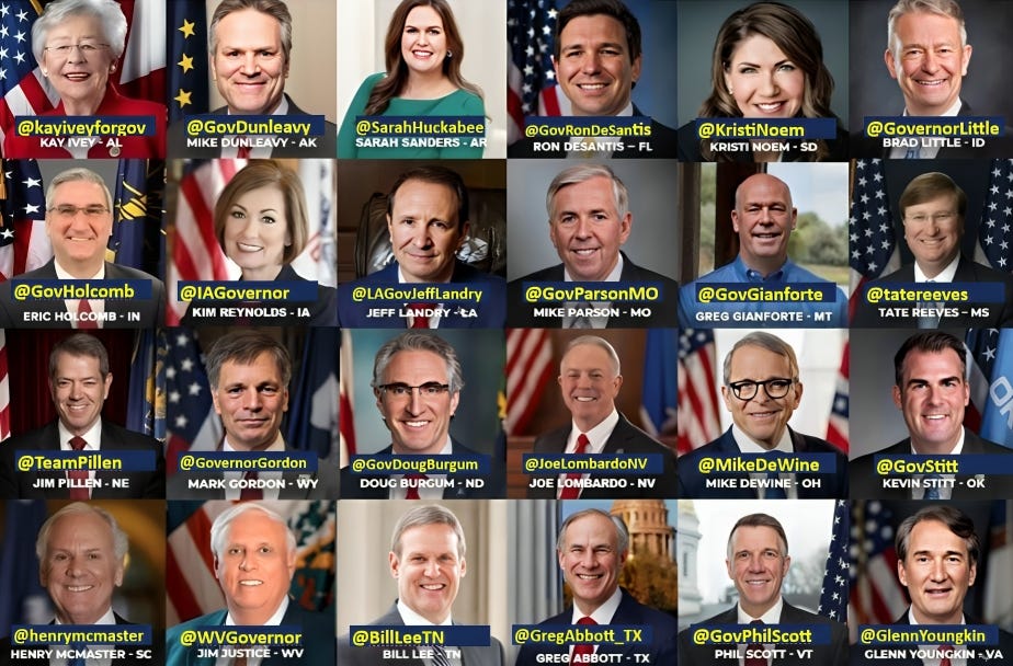 Image highlighting red state governors to be tagged and reposted on X.com, related to the article 'CCP Invasion: America's Last Stand Against Totalitarianism and Terrorist Attacks – Voting Alone Won't Save America or Trump'.