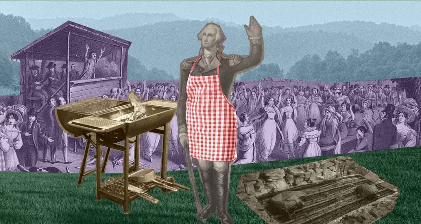 Collage of images with George Washington wearing an apron and other barbecue related images like a grill and fire pit.