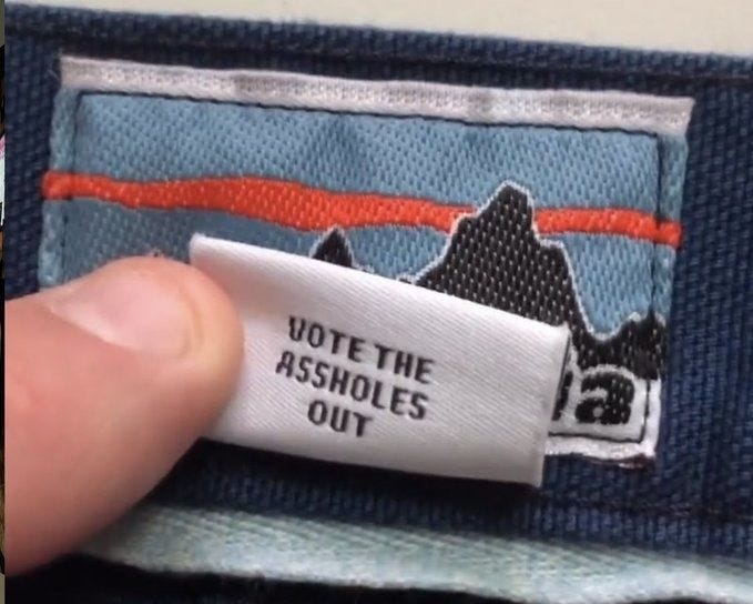 A Patagonia fleece with &quot;Vote The Assholes Out&quot; on the sizing tag.