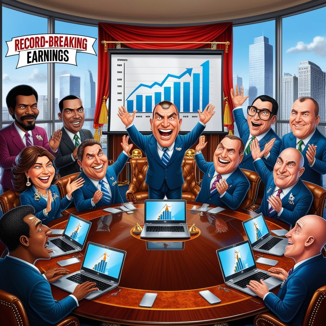 Illustrate a scene where a group of greedy corporate executives, consisting of people with diverse ethnic backgrounds such as African, Asian, Hispanic, and Caucasian, are gathered around a polished wooden conference table, surrounded by sleek laptops and luxurious leather chairs, with a cityscape backdrop through the floor-to-ceiling windows. The executives, with varying facial features and hairstyles, are beaming with smug expressions, flaunting their designer suits and jewelry, as they proudly display a giant screen projecting a graph with skyrocketing profits. One executive, with a distinctive mole above their left eyebrow, is enthusiastically waving a hand, while another, with a shaved head and thick-rimmed glasses, is clapping their hands in celebration. A banner above the screen reads "Record-Breaking Earnings" in bold, italicized font, with a bright red carpet and gleaming silver trophies scattered around the room, exuding an atmosphere of opulence and arrogance.