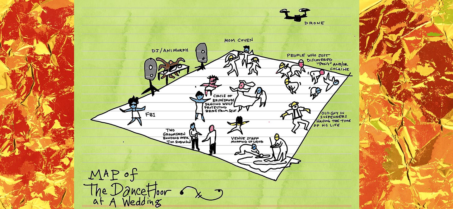 CULTURE BOY's map of the dance floor at a wedding. There's lots of people in different parts of the dance floor. Most prominently, there's a DJ-slash-Animorph.