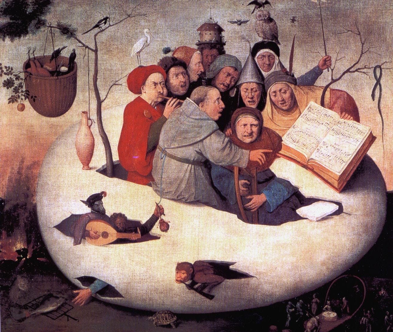 chaotic scene of medieval musicians crying and playing instruments while emerging from a cracked giant egg