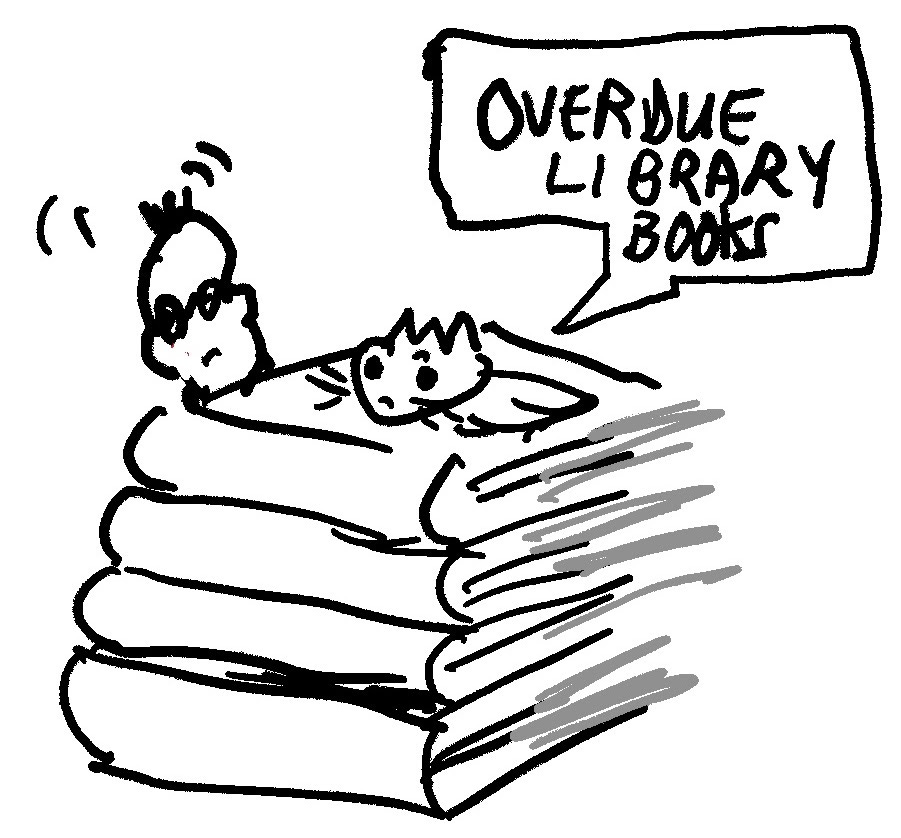 Cartoon showing overdue library books, by Terry Freedman