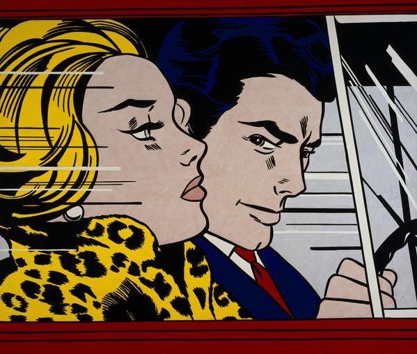 A painting of a man and a woman in a car by Roy Lichtenstein.