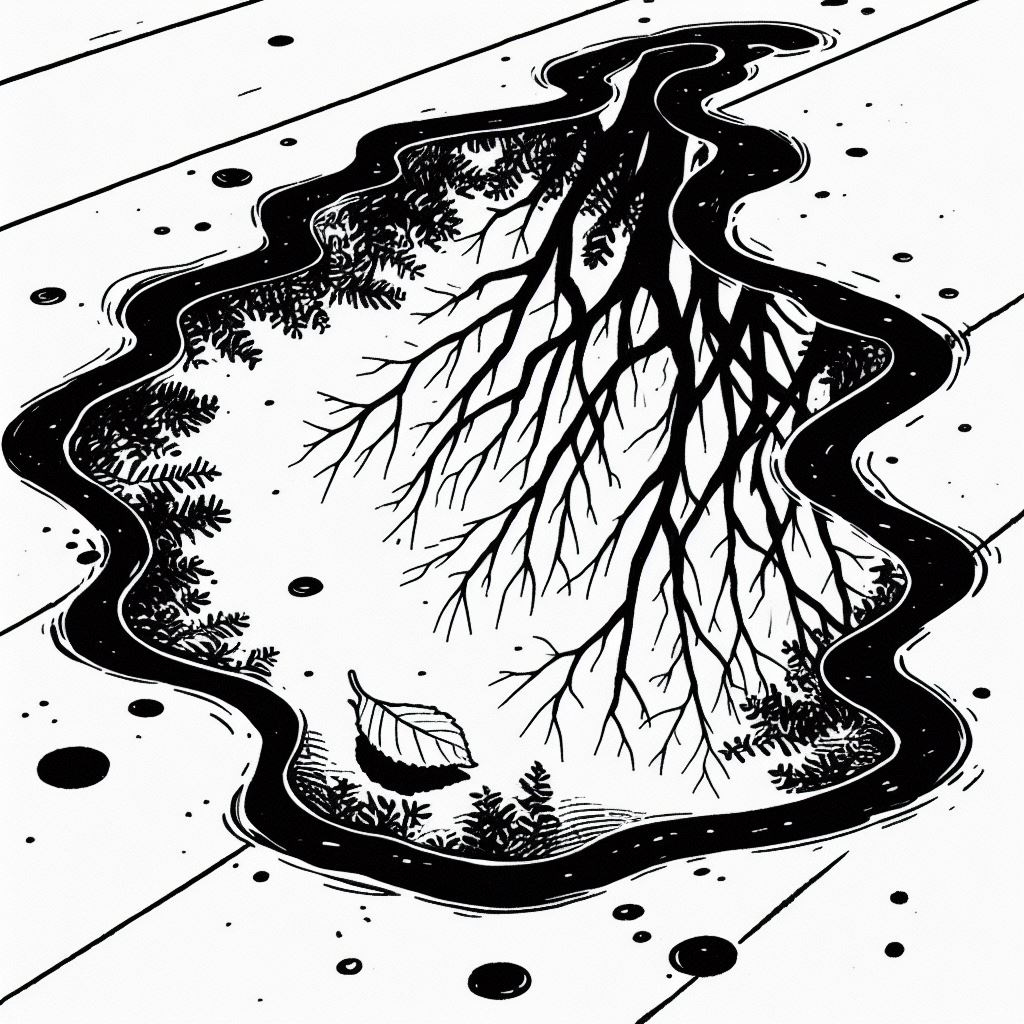 AI-generated image of a natural-looking puddle reflecting a tree, black and white drawing.