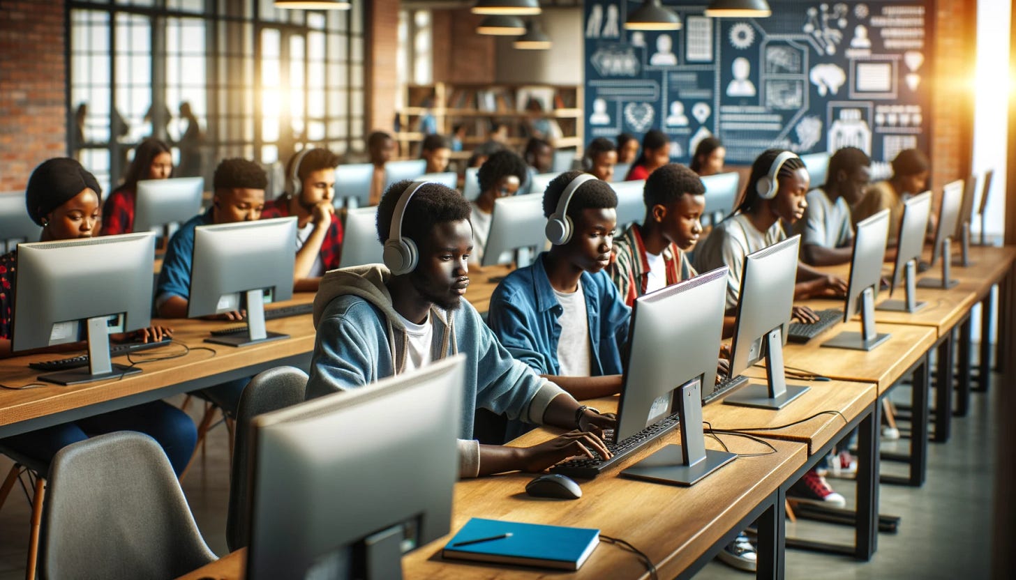 A group of African youth sitting at computers in a modern classroom or internet cafe. They are focused on their screens, working online. The setting includes rows of desks with computers, some with headsets, and a few with notebooks. The background has posters related to technology and learning. The atmosphere is vibrant and industrious, with natural light streaming in through large windows.