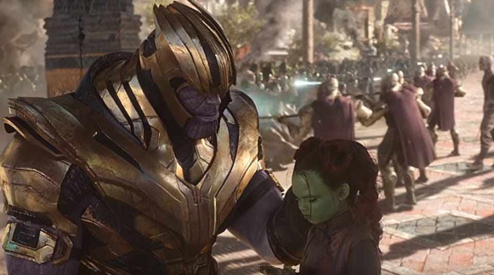 Thanos in battle gear, directing little Gamora to keep her eyes on "balance."