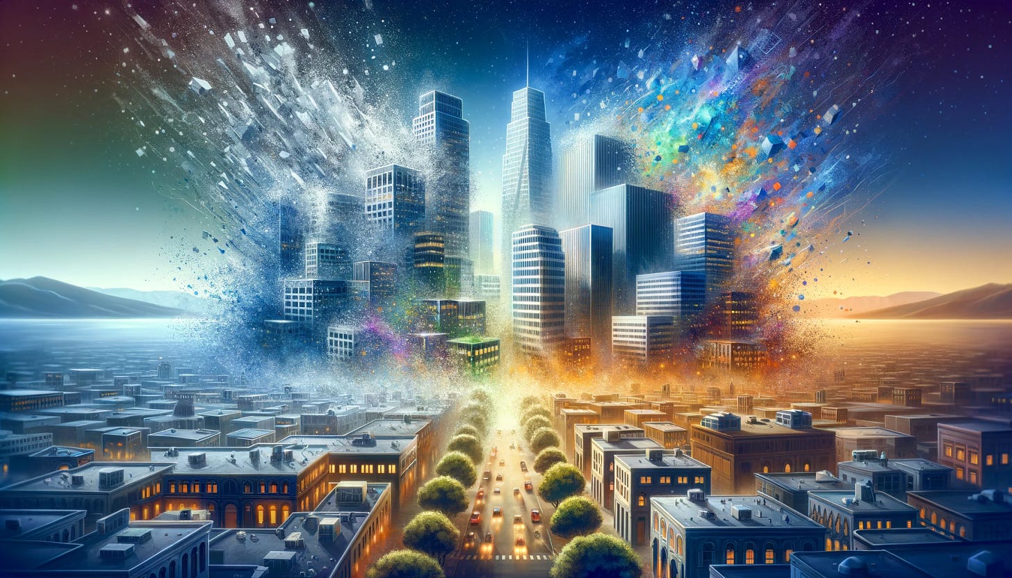 An image capturing a metaphorical power shift in Silicon Valley, illustrated by a scene where traditional tech giants' buildings are shown fading or dissolving into the background. In the foreground, small, vibrant, and innovative startup hubs are rising, bustling with activity. This juxtaposition represents the new wave of technology overtaking the old guard. The scene should have a dynamic and transformative feel, symbolizing the changing landscape of the tech industry.