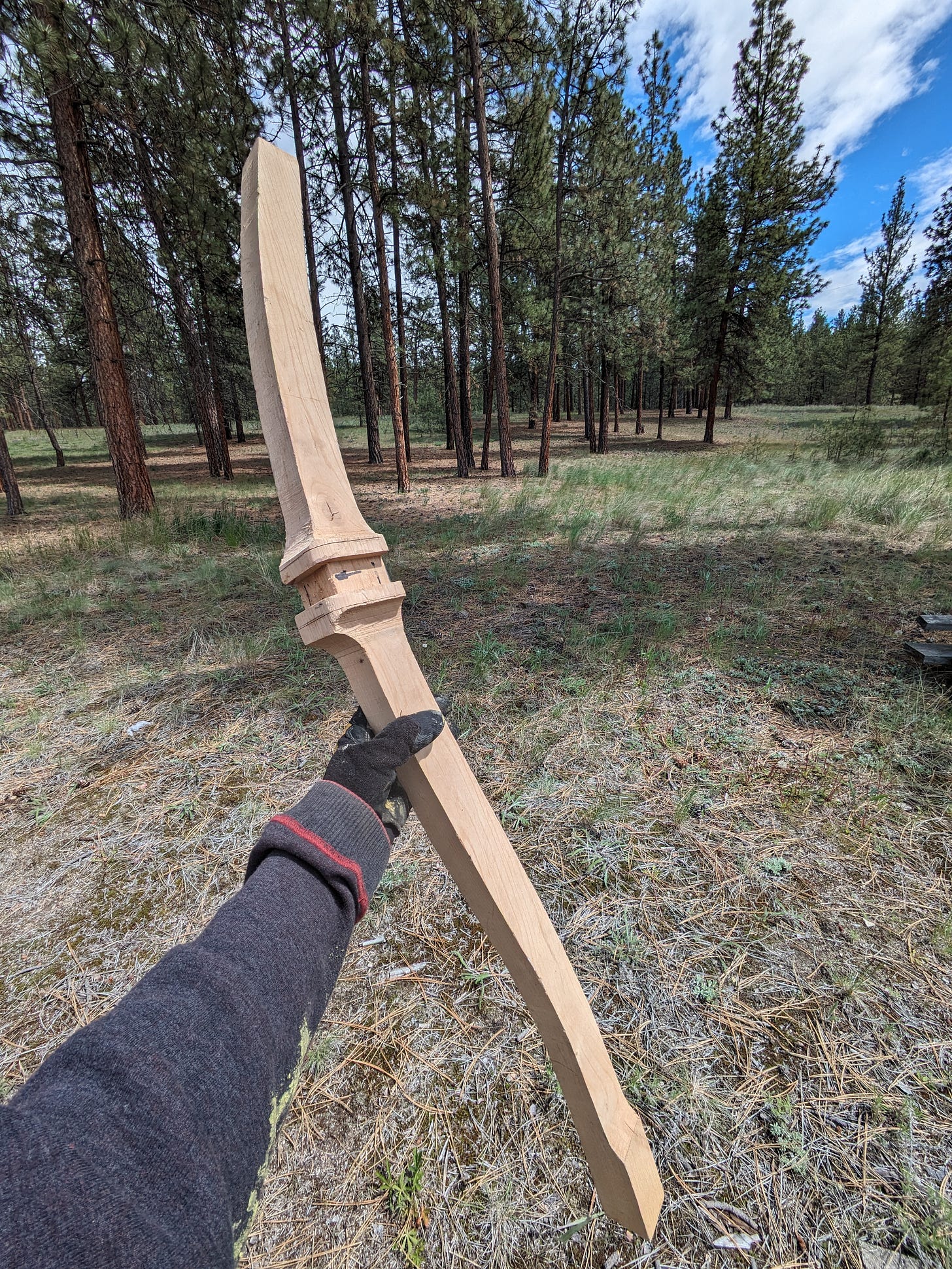 the rough cut leg of a chair, held up in the air, with a tree covered hillside and a blue sky in the background