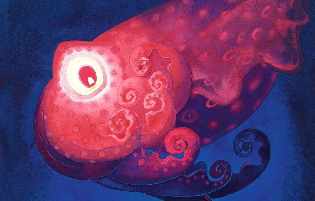illustration of a red and purple octopus like creature on a dark blue background illustration of a red and purple octopus like creature on a dark blue background