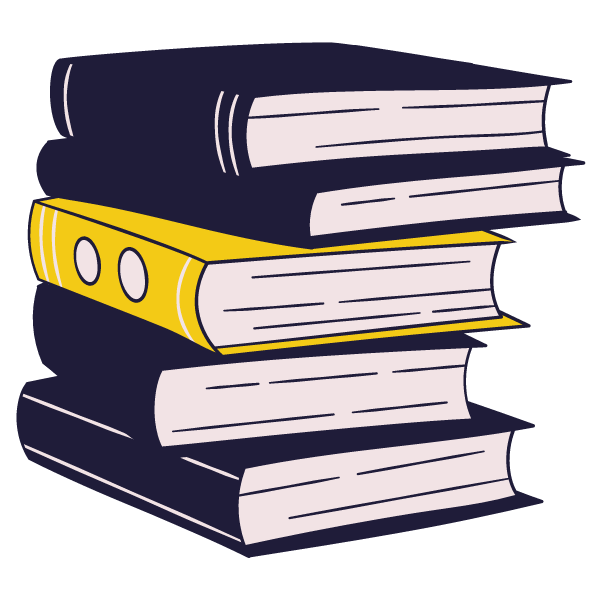A stack of books. One in the middle is yellow rather than purple.