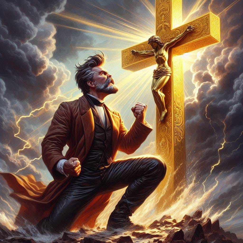 An angry Friedrich Nietzsche at the age of 30 is on his knees in front of a shining golden cross, and shakes one fist at it as he stares up at it. Frazetta-style painting. Storm clouds. Grandiose.