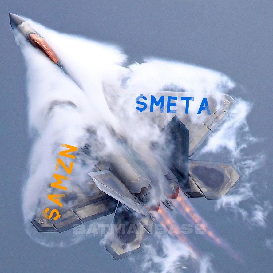 F-22 jet with $META and $AMZN on each of its wings.