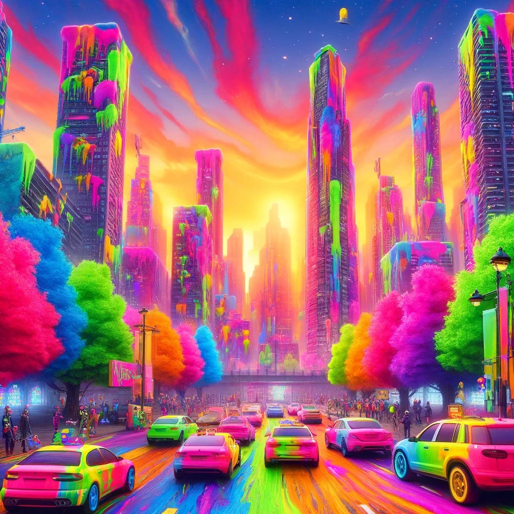 Create a vibrant and colorful digital art pastiche inspired by the theme 'The Day the World Turned Day-Glo'. The image should feature a surreal urban landscape where everything is coated in bright, fluorescent colors, symbolizing a shift from natural to synthetic. Skyscrapers, trees, cars, and people should all be painted in vivid day-glo paints, creating a visually striking and artificial appearance. The scene should embody a punk rock energy, reflecting a critique of modern consumer culture, with elements like plastic bags and synthetic fabrics subtly integrated into the environment.