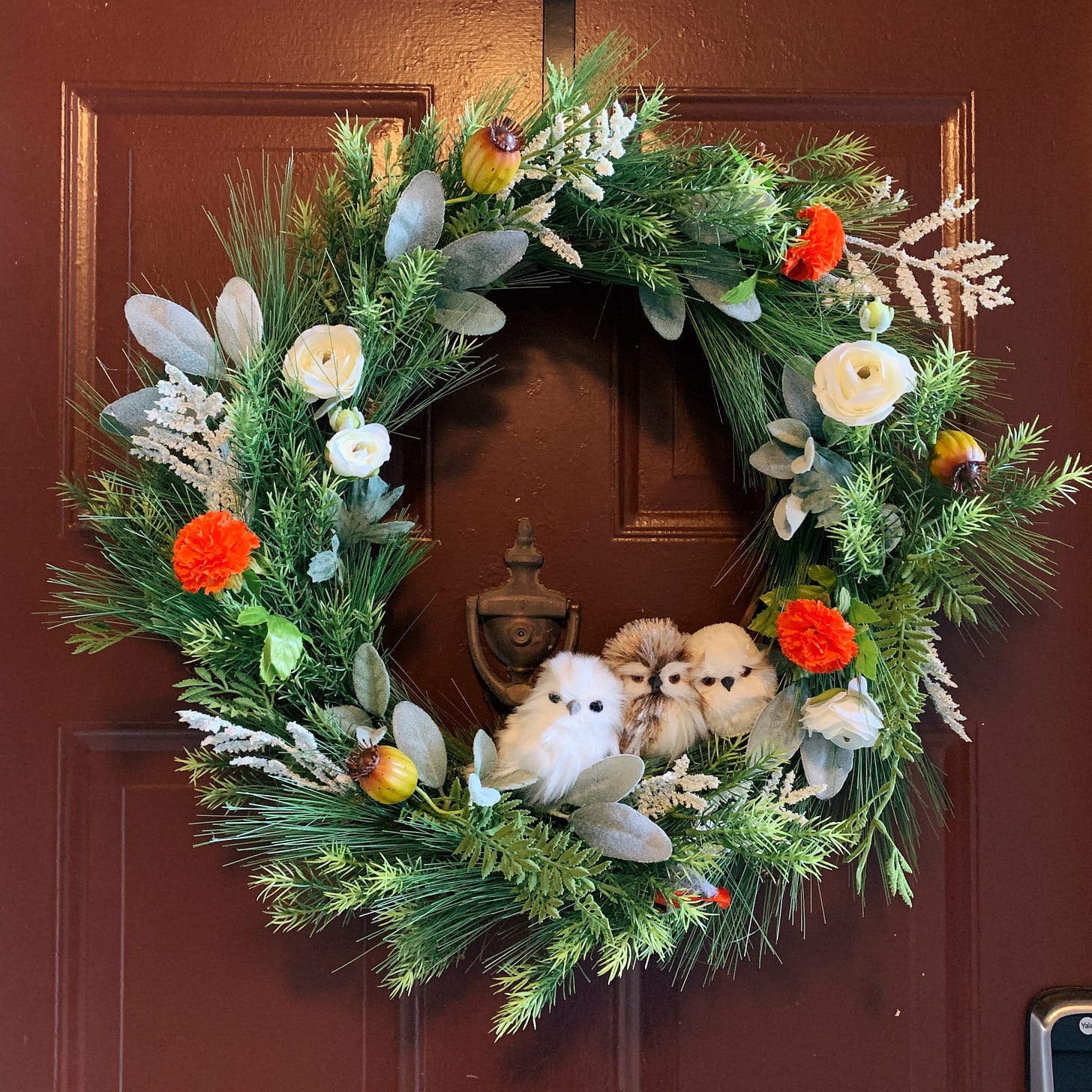 A winter wreath hanging from a burgundy front door. The wreath has three little owls, bright red flowers, white peonies, lamb's ear, and other greenery arranged together.
