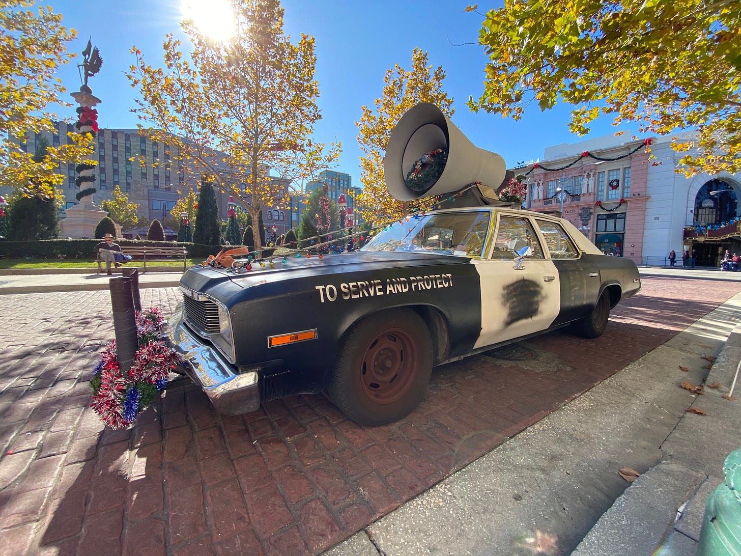 Blues Brothers Bluesmobile car at Universal Orlando during Christmas