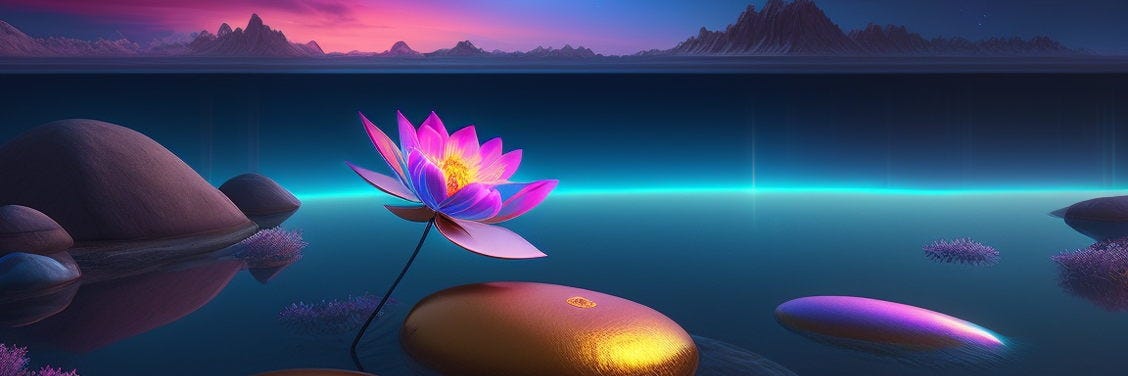 A lotus flower floating in a surreal sea with the horizon beyond it.