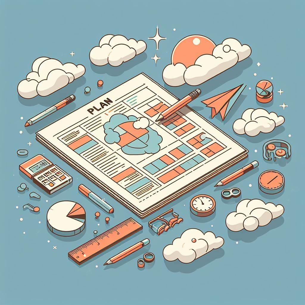 A plan written on paper with clouds in the background. Use a light theme with moderately bright colors using a limited color palette.