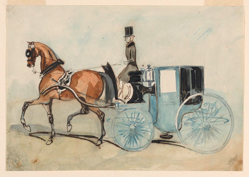 Horizontal rectangle. A blue brougham drawn by a chestnut-brown horse wearing a black harness with silver mountings. Coachman driving the carriage in black livery; gray-blue background.