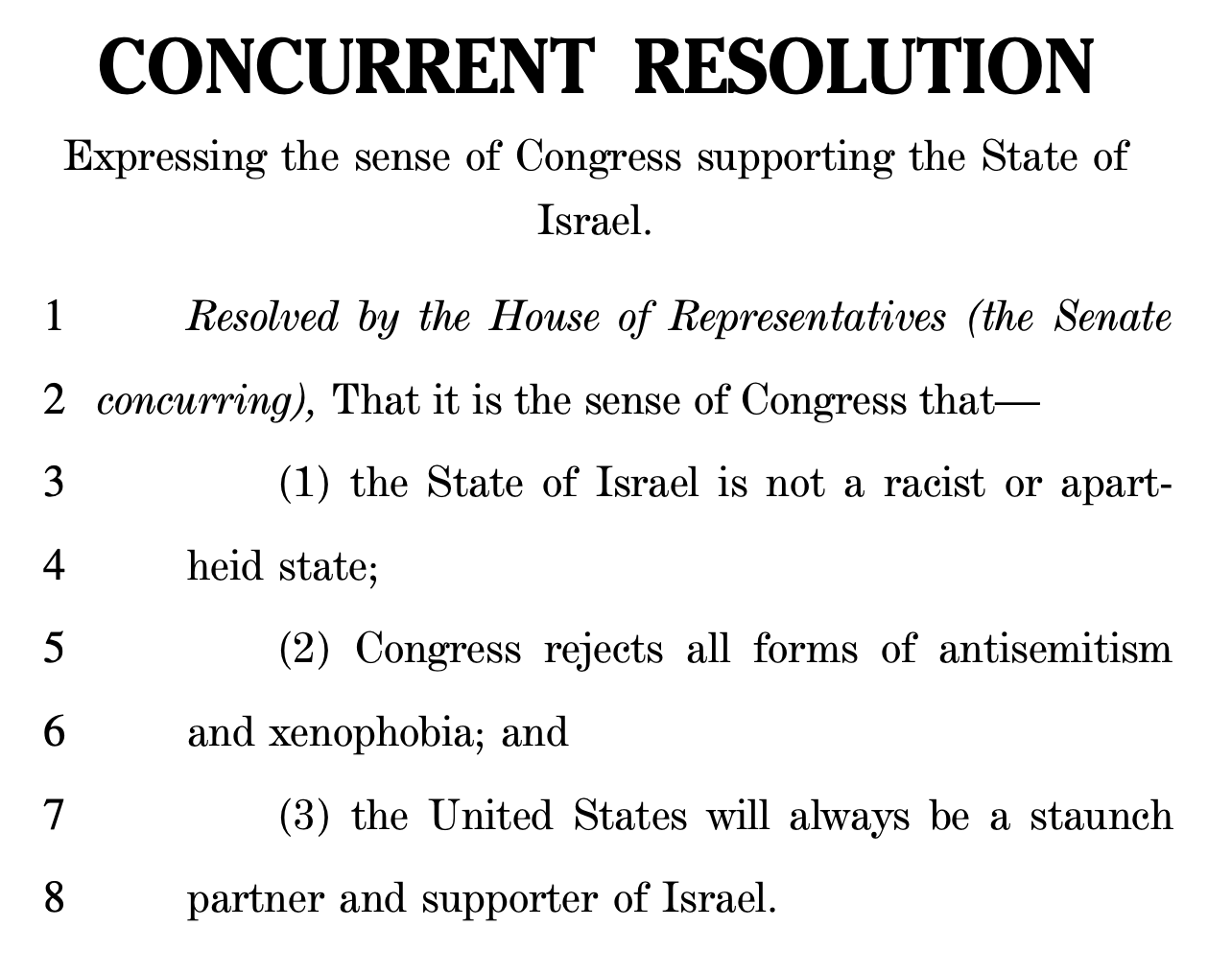 Resolved by the House of Representatives that it is the sense of Congress that — 1. the State of Israel is not a racist or apartheid state; 2. Congress rejects all forms of antisemitism and xenophobia; 3. the United States will always be a staunch partner and supporter of Israel.