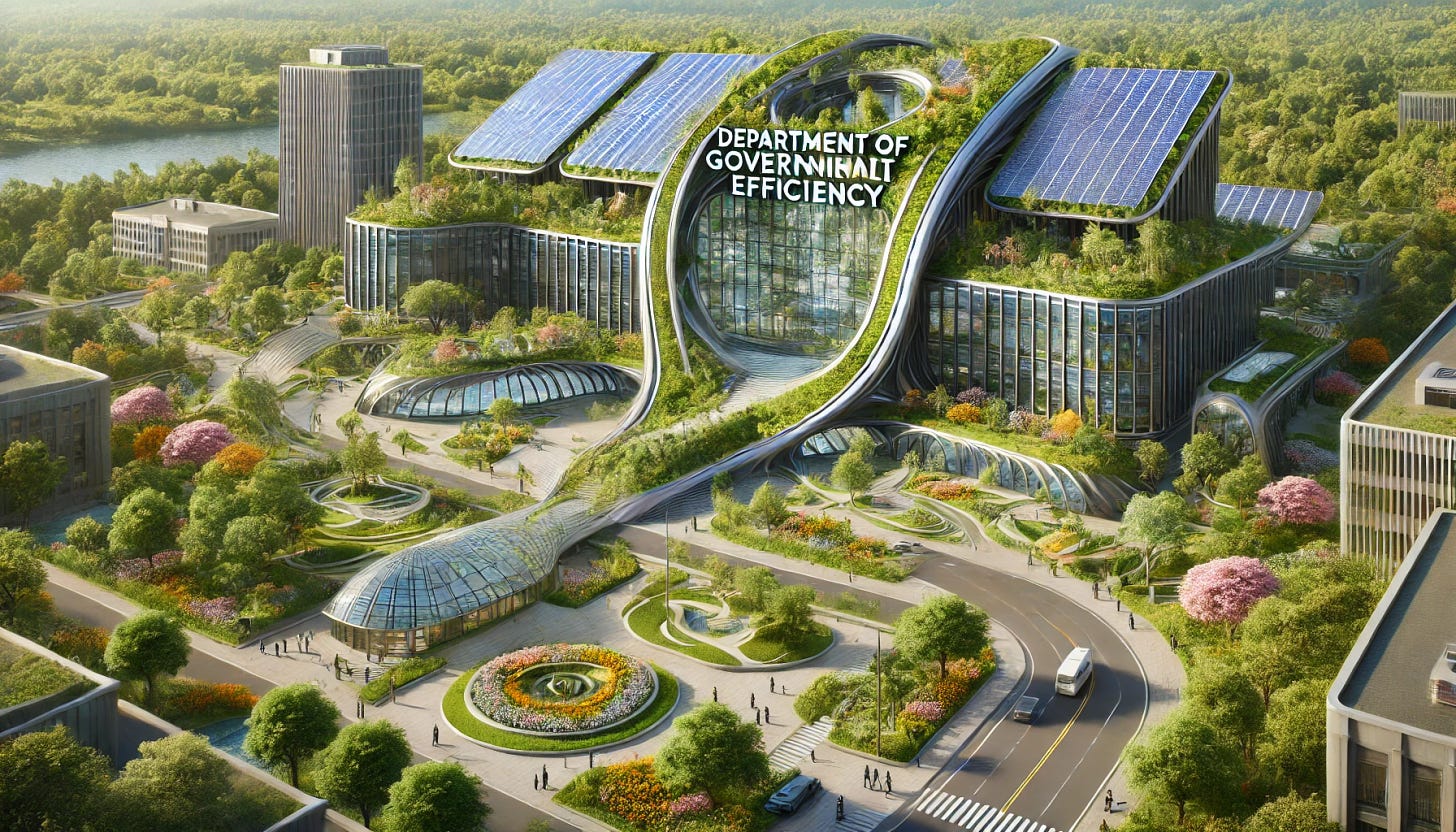 A futuristic governmental building named 'Department of Governmental Efficiency,' designed in a solarpunk style. The building features lush greenery integrated into its structure, with solar panels adorning the roof and walls. The architecture is sleek and modern, with large glass windows, curved lines, and organic shapes. Surrounding the building is a vibrant garden filled with flowers, trees, and pathways. The sky is clear, and the setting reflects an eco-friendly and harmonious urban environment.