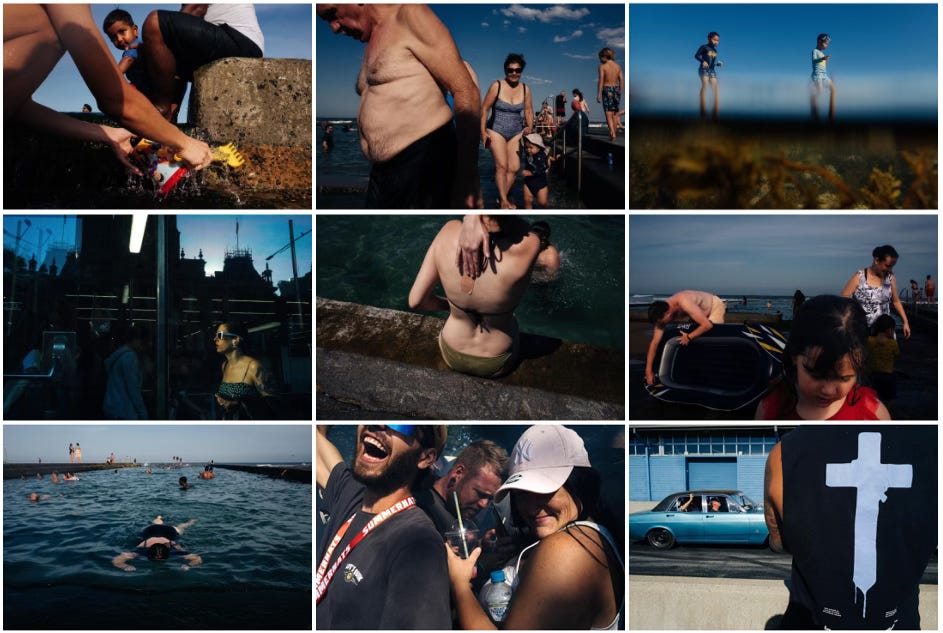 A montage of the photography of Julia Coddington. Shots taken at an Australian swimming spot. Close ups. Lots of skin and goggles.