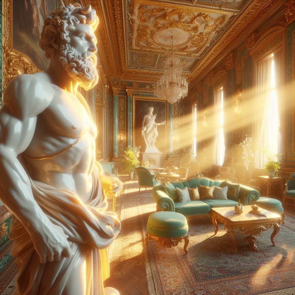 hyper realistic; tilt shift; perspective shift. lens baby. statue of middle aged man who looks like a god. 2-colorglass man, with amber cut to yellow. sun shining through man. Gilded Mirrors. Persian Rugs.  Marble Tables/Flower Arrangements. light green Velvet Armchairs/silk sofa. intricate carvings/ Silk Drapes luminesent. Etheral. Sun beams flooding room