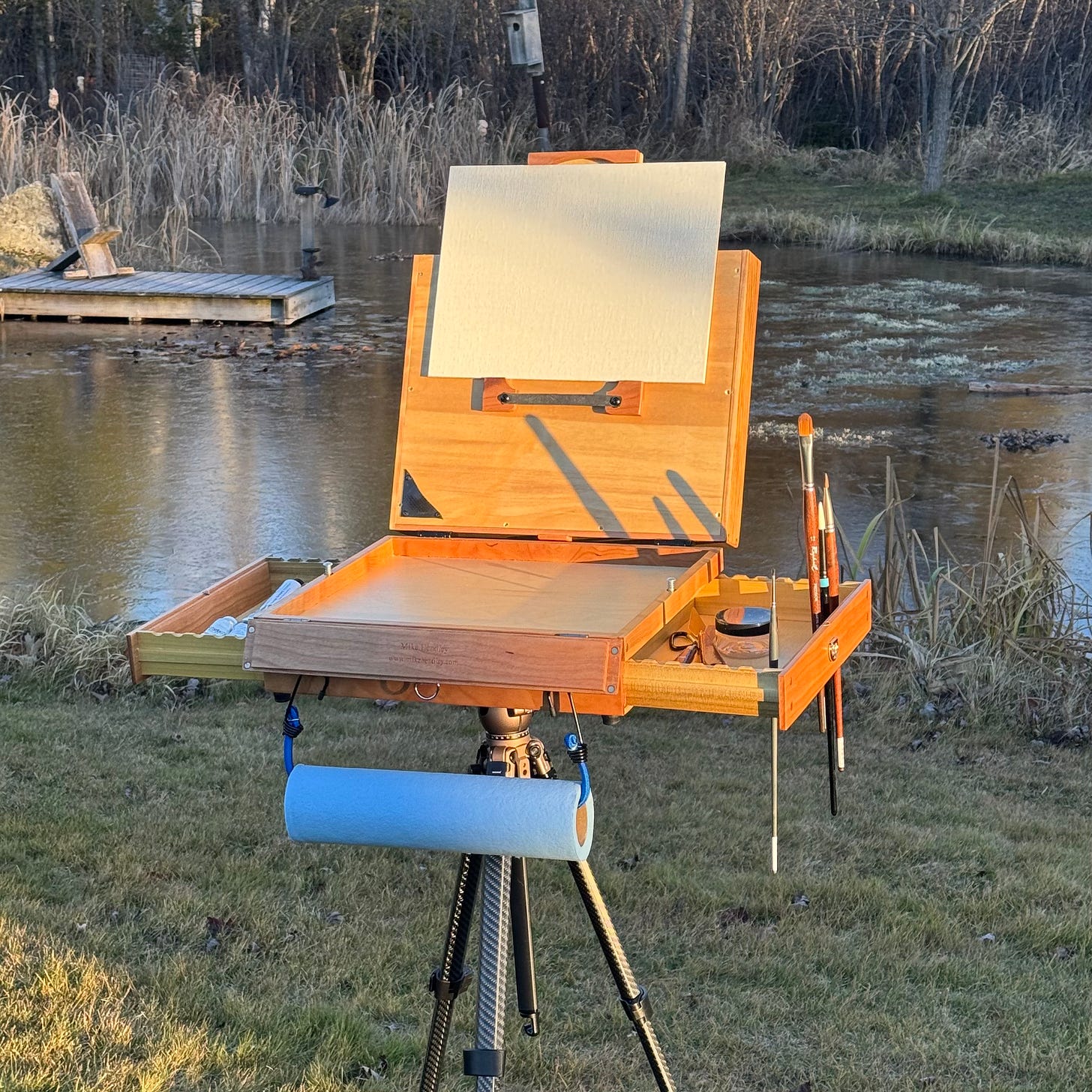 Outdoor easel set up by a pond, with a blank canvas and art supplies, including brushes and a roll of blue paper towels attached to a tripod.