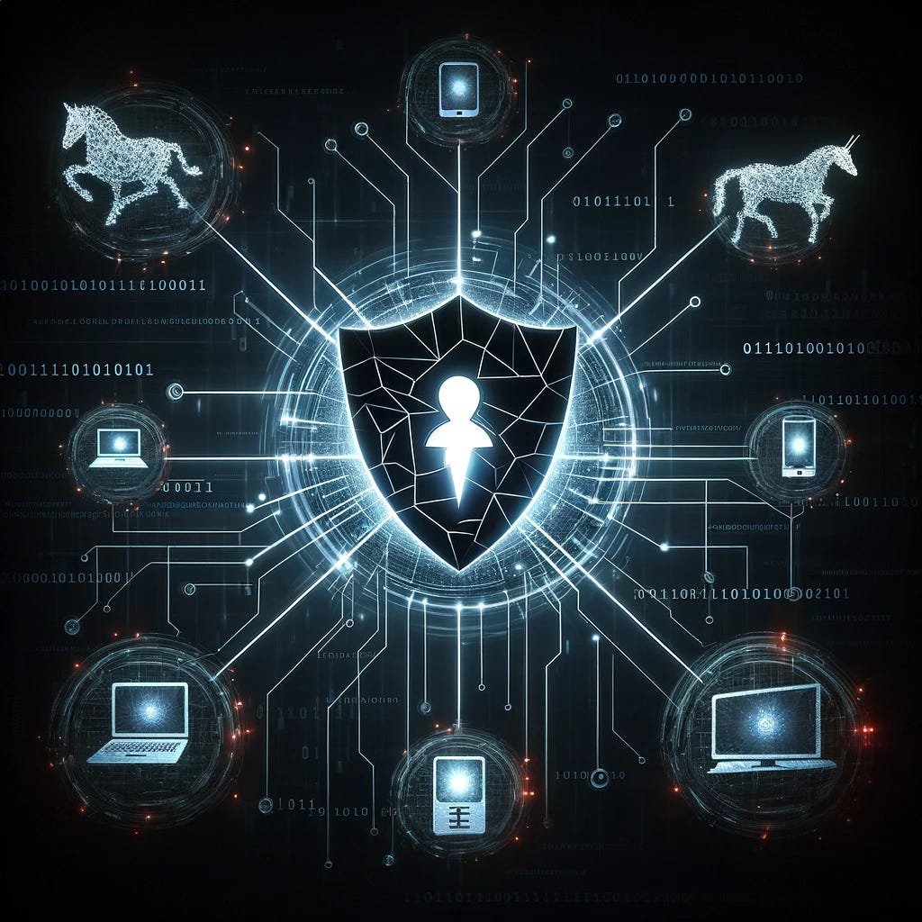 An image depicting an exposed vulnerability within a digital environment, symbolized by a broken shield icon over a network of connected devices. The background should be dark to convey the sense of threat, with subtle binary code to represent data. Cyberattack vectors such as malicious code or a trojan horse are closing in, illustrating the urgent need for cybersecurity measures. The overall tone of the image should be cautionary, urging immediate attention to the vulnerabilities.