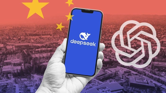 Montage of China’s flag, a view of Silicon Valley in California, US, DeepSeek logo on a phone, and OpenAI logo 