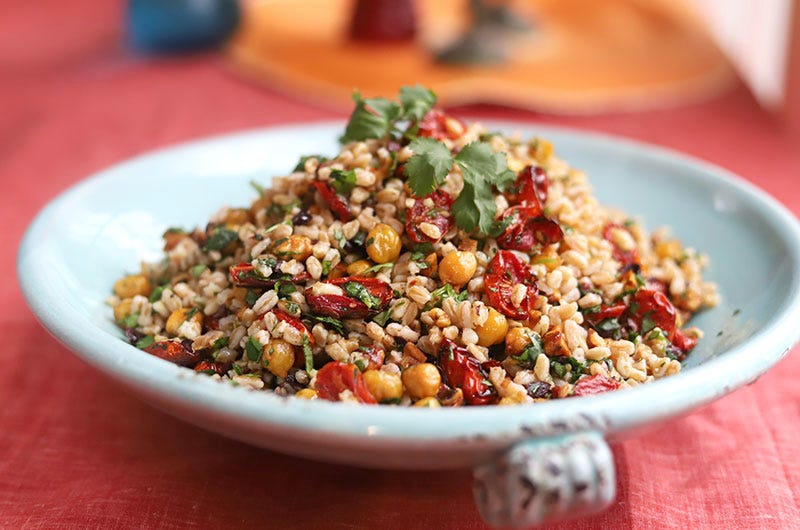 Mediterranean Farro Salad with Roasted Cherry Tomatoes, Olives, Chickpeas & Cilantro