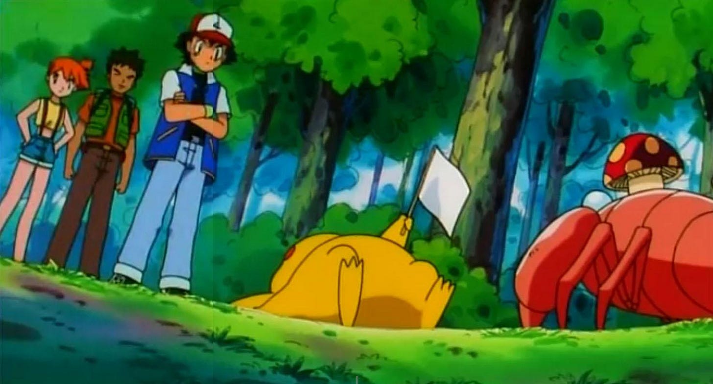 Pikachu from Pokémon throws up the white flag of surrender to a Paras-ite