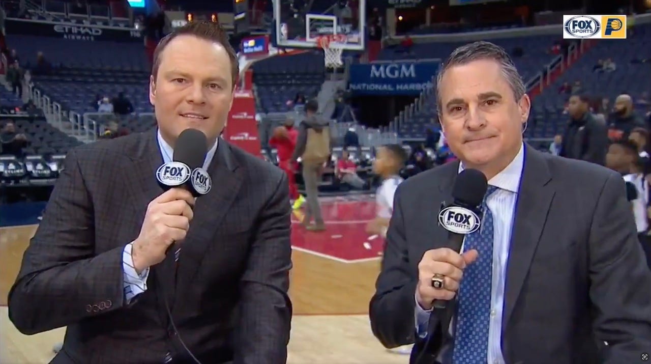 Chris Denari (right) joins host Jeremiah Johnson for a segment after a Pacers game.