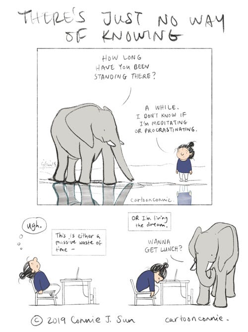 no way of knowing journal comic meditating, procrastinating, libra, humor, elephant, illustration, comics, connie sun, cartoonconnie