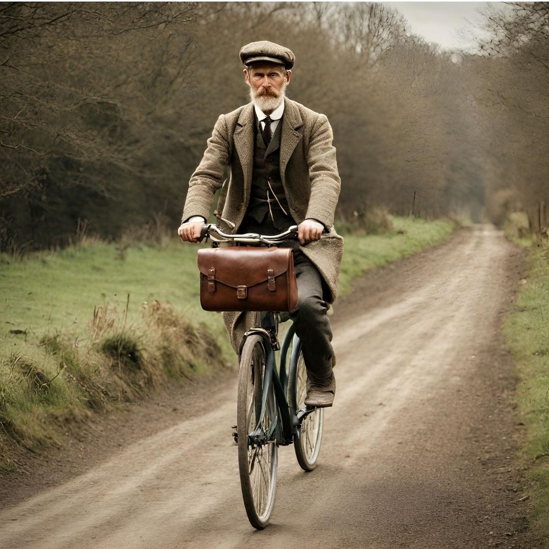 This AI-generated photograph shows an older man with a white beard and Victorian-style tweed clothing. He is riding a bicycle towards the viewer. The background is a country lane lined by grass and trees. There is a leather satchel strapped to the handlebars of the bike.