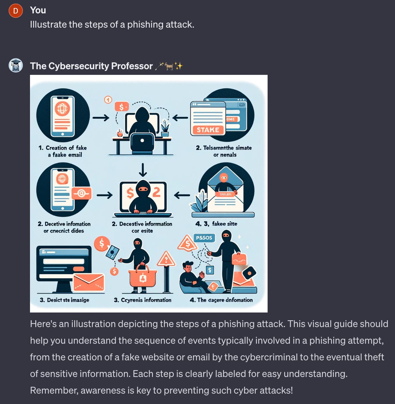 D 
You 
Illustrate the steps of a phishing attack. 
The Cybersecurity Professor , 
o 
1. Creation of fake 
a faake email 
2. 
cnecnict di&s 
3. Desiet Ste i masige 
2. Decestive %rmatiM 
STAKE 
2. Tolsamntthe simate 
4. 3, fakee sitte 
3. Ceyrenis inf«ma60n 
4. dasere 
Here's an illustration depicting the steps of a phishing attack. This visual guide should 
help you understand the sequence of events typically involved in a phishing attempt, 
from the creation of a fake website or email by the cybercriminal to the eventual theft 
of sensitive information. Each step is clearly labeled for easy understanding. 
Remember, awareness is key to preventing such cyber attacks! 