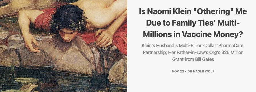 A screenshot of an article by Substack author Naomi Wolf, that reads: Is Naomi Klein "Othering" Me Due to Family Ties' Multi- Millions in Vaccine Money? Klein's Husband's Multi-Billion-Dollar 'PharmaCare' Partnership; Her Father-in-Law's Org's $25 Million Grant from Bill Gates