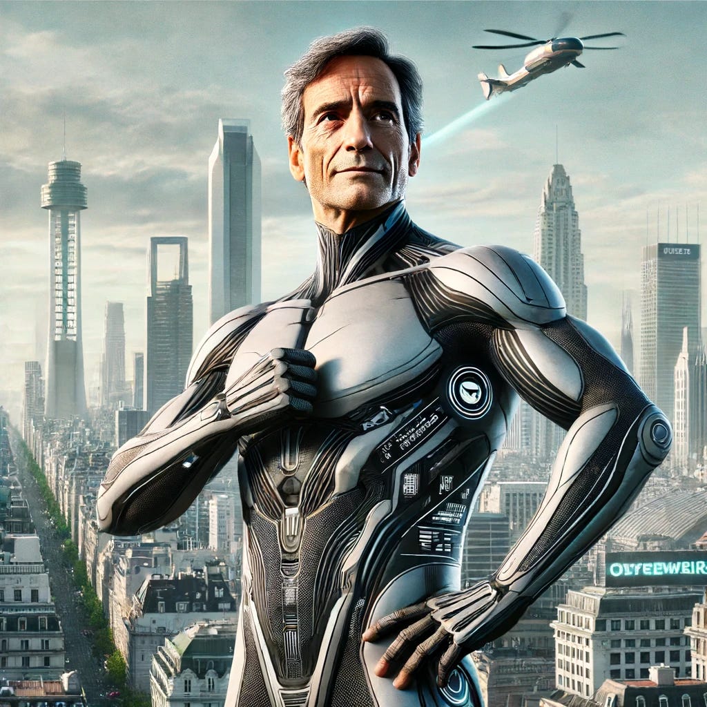 Oswald, a superhero with an inspiring and motivational presence. He is over 55 years old with a wise and experienced look. He has a fit physique, showcasing his agility despite his age. Oswald wears a sleek, modern suit with elements of technology integrated into the design, symbolizing his mastery of new skills and continuous learning. His suit includes subtle nods to his diverse background, like hints of carpentry tools and aeronautical elements. He stands confidently in an urban setting, representing Buenos Aires in 2024 with futuristic elements visible in the background. Oswald has a determined and kind expression, ready to lead and inspire humanity.