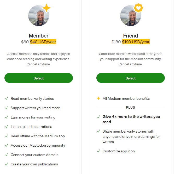 Text for member benefits. Read member-only stories  Support writers you read most  Earn money for your writing  Listen to audio narrations  Read offline with the Medium app  Access our Mastodon community  Connect your custom domain  Create your own publications   Russell Nohelty Friend $180$120 USD/year  Contribute more to writers and strengthen your support for the Medium community. Cancel anytime.  Select All Medium member benefits  PLUS  Give 4x more to the writers you read Share member-only stories with anyone and drive more earnings for writers  Customize app icon