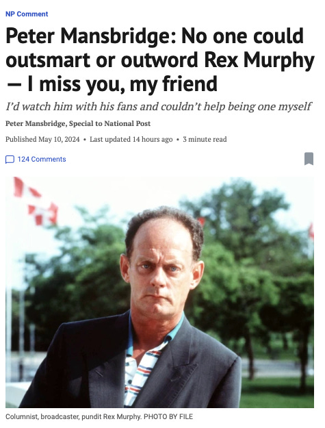 A screengrab of Peter Mansbridge's tribute to Rex Murphy in The National PostA