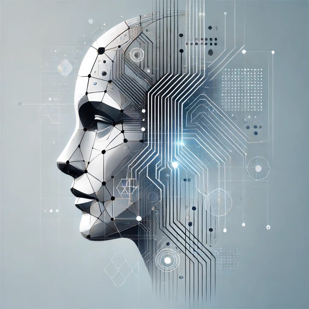 A futuristic representation of Artificial Intelligence (AI) in a minimalist style. The image features a sleek, abstract human face composed of geometric shapes and lines, with digital circuits and neural networks subtly integrated into the design. The background is clean and simple, with a gradient of cool tones like blue and silver, emphasizing the cutting-edge and sophisticated nature of AI.