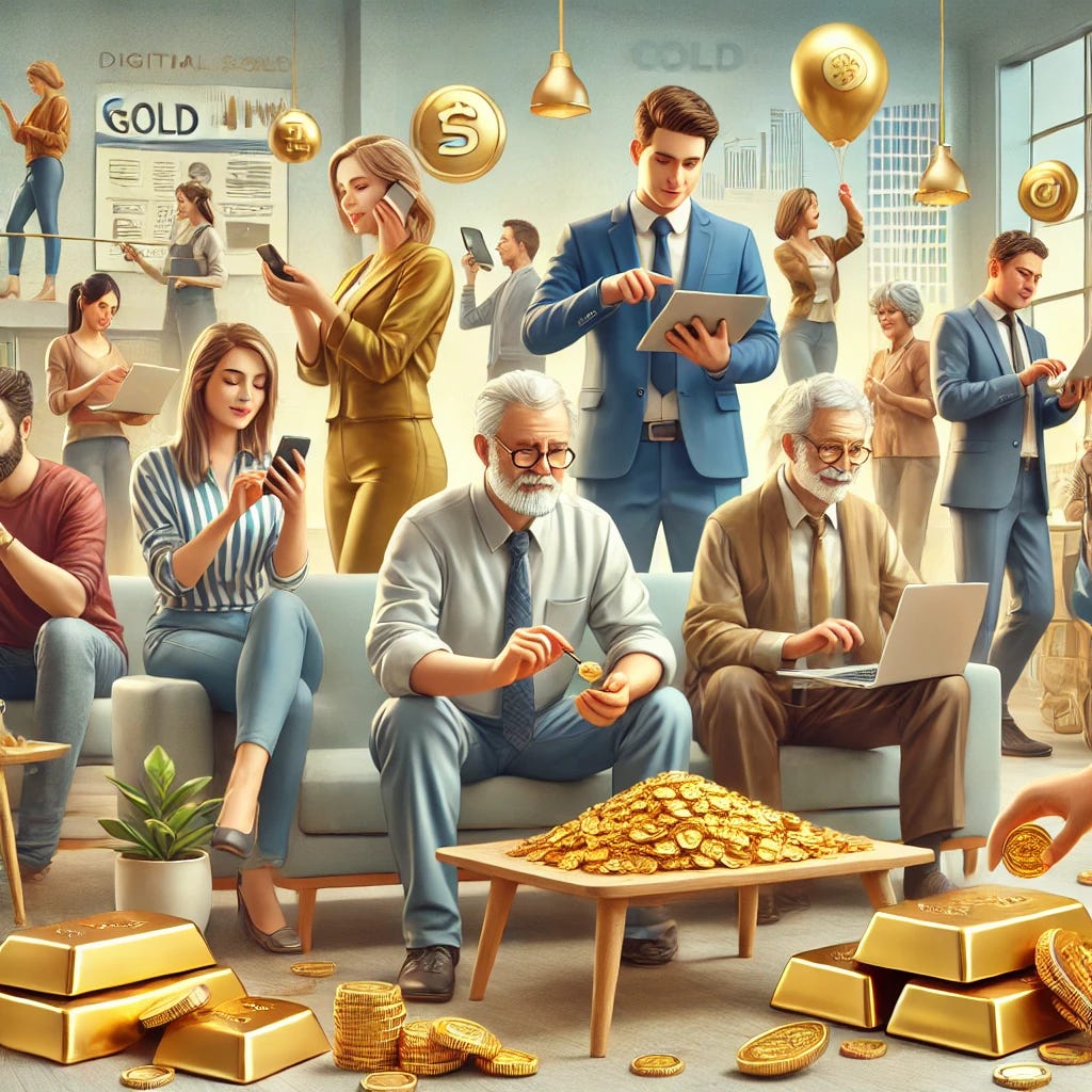 A diverse group of people of different ages and ethnicities, including a young professional, a middle-aged couple, and a senior citizen, all actively investing in gold. The scene takes place in a modern setting, with people using mobile phones and laptops to make online gold investments. Some individuals are looking at digital gold platforms, while others are physically holding gold coins or jewelry. The background shows a comfortable living room and a modern office space, reflecting India's growing affinity for digital and traditional gold investments. The atmosphere is hopeful, energetic, and focused on securing wealth.