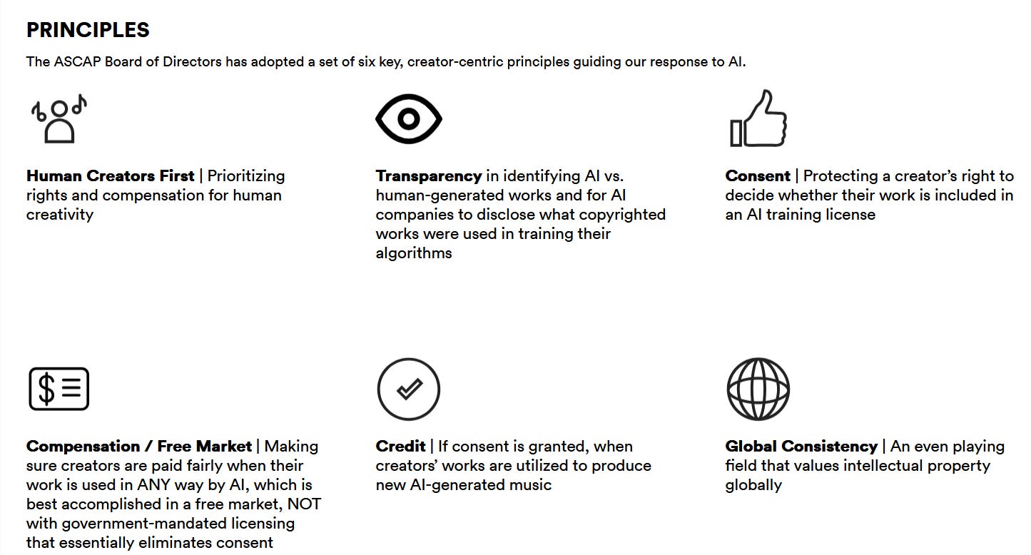 ASCAP 6 principles for AI: 1. Human Creators First, prioritizing rights and compensation for human creativity.  2. Transparency, in identifying AI vs. human-generated works and retaining metadata . 3. Consent, protecting the right for creators to decide whether their work is included in an AI training license. 4. Compensation, making sure creators are paid fairly when their work is used in ANY way by AI, which is best accomplished in a free market, NOT with government-mandated licensing that essentially eliminates consent. 5. Credit, when creators’ works are used in new AI-generated music. 6. Global Consistency, an even playing field that values intellectual property across the global music and data ecosystem.